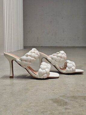White Braided Heeled Sandals With Square Toe & Slip-On Style